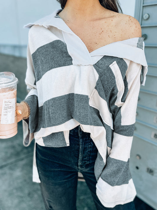 Striped Collared Neck Long Sleeve T-Shirt-Angel Casuals