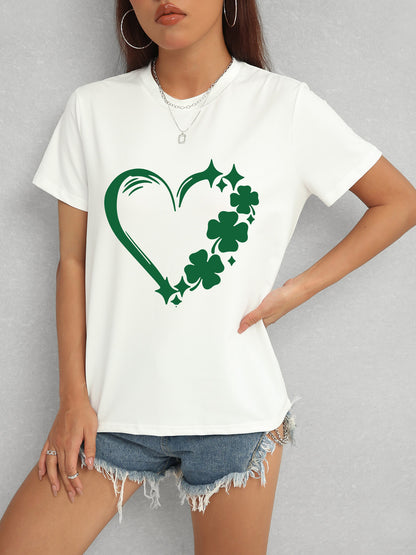 Heart Lucky Clover Round Neck Short Sleeve T-Shirt-Angel Casuals