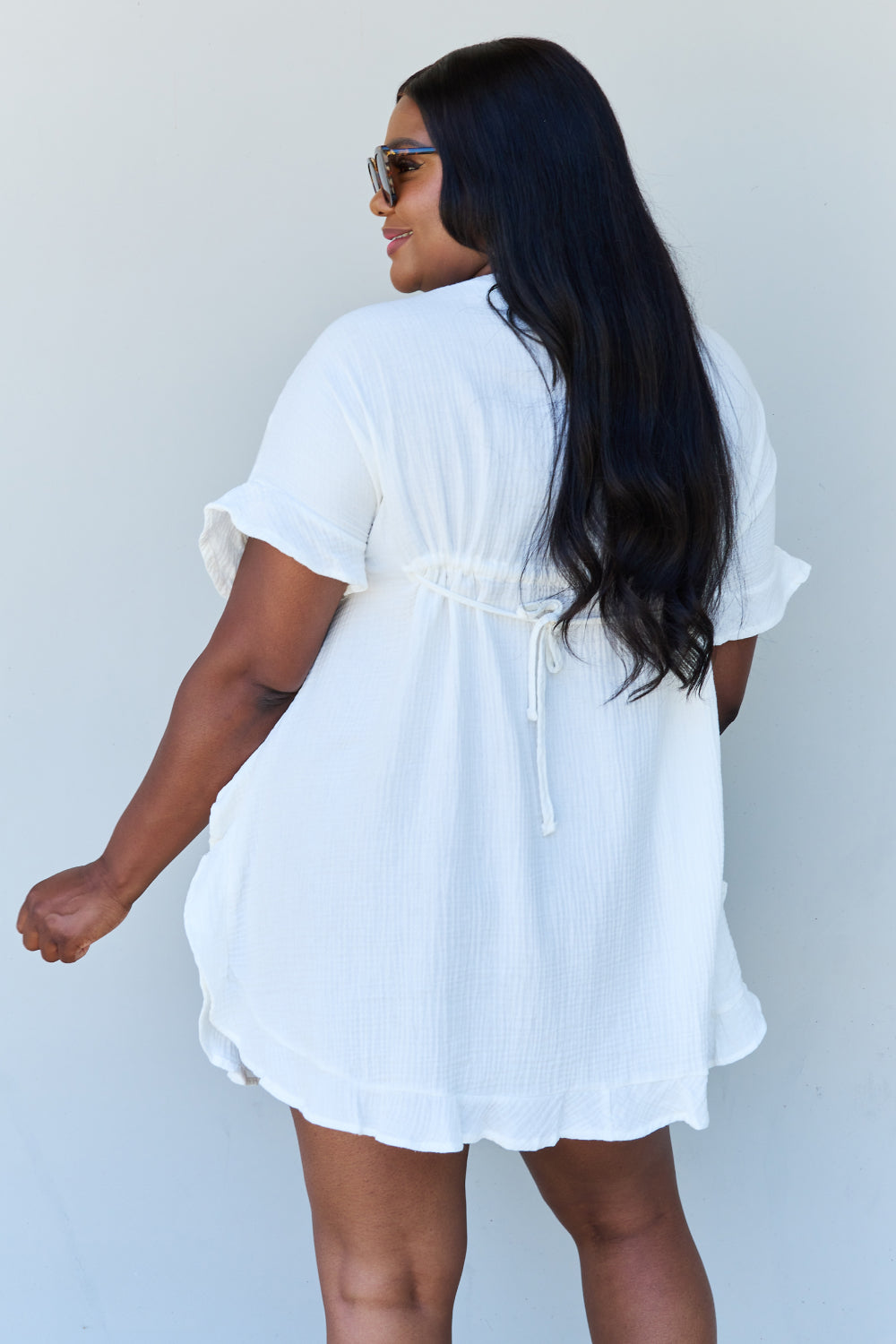 Ninexis Out Of Time Full Size Ruffle Hem Dress with Drawstring Waistband in White-Angel Casuals