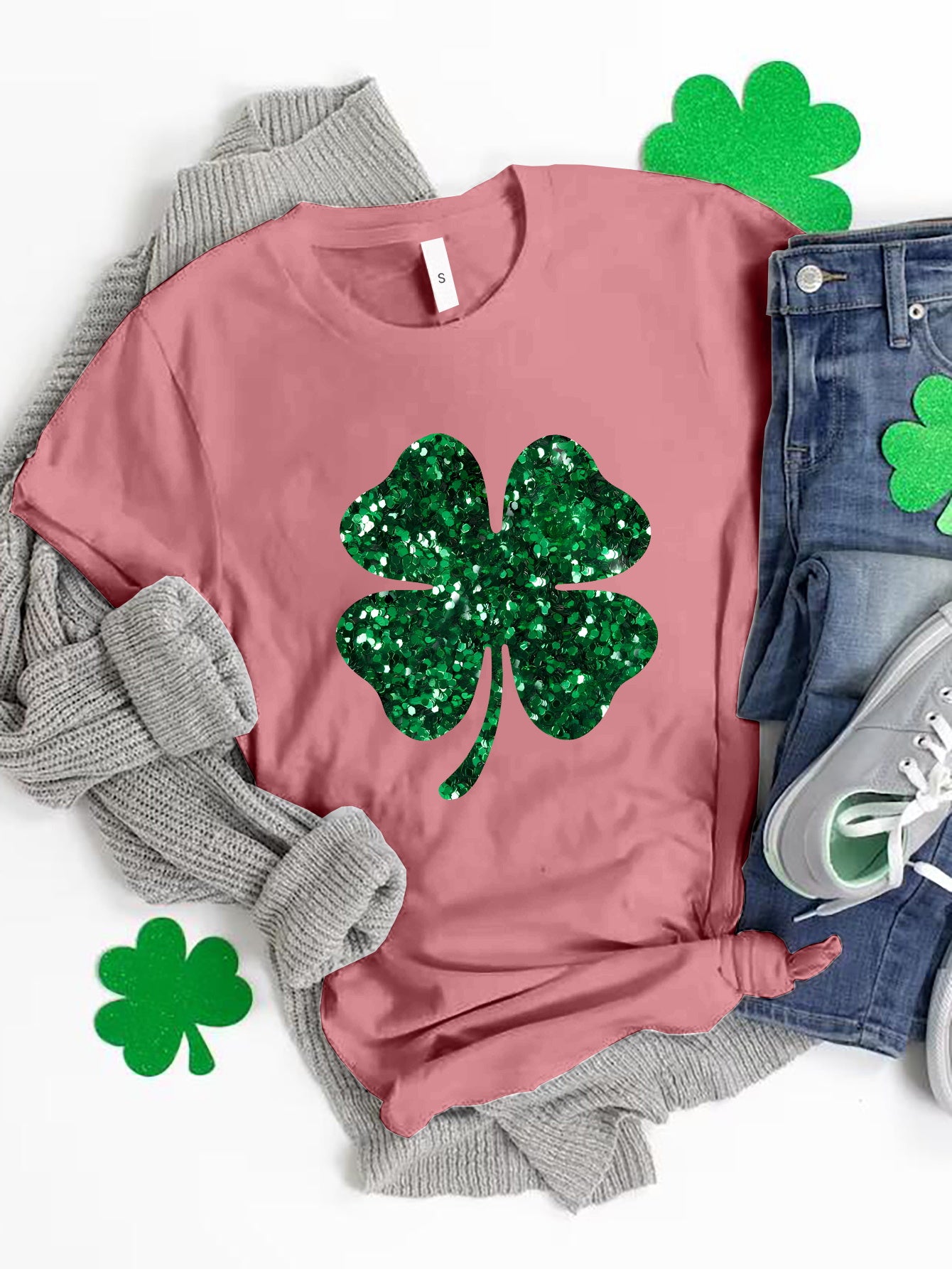 Lucky Clover Round Neck T-Shirt-Angel Casuals