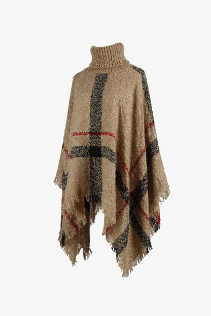 Plaid Turtleneck Raw Hem Poncho-Angel Casuals