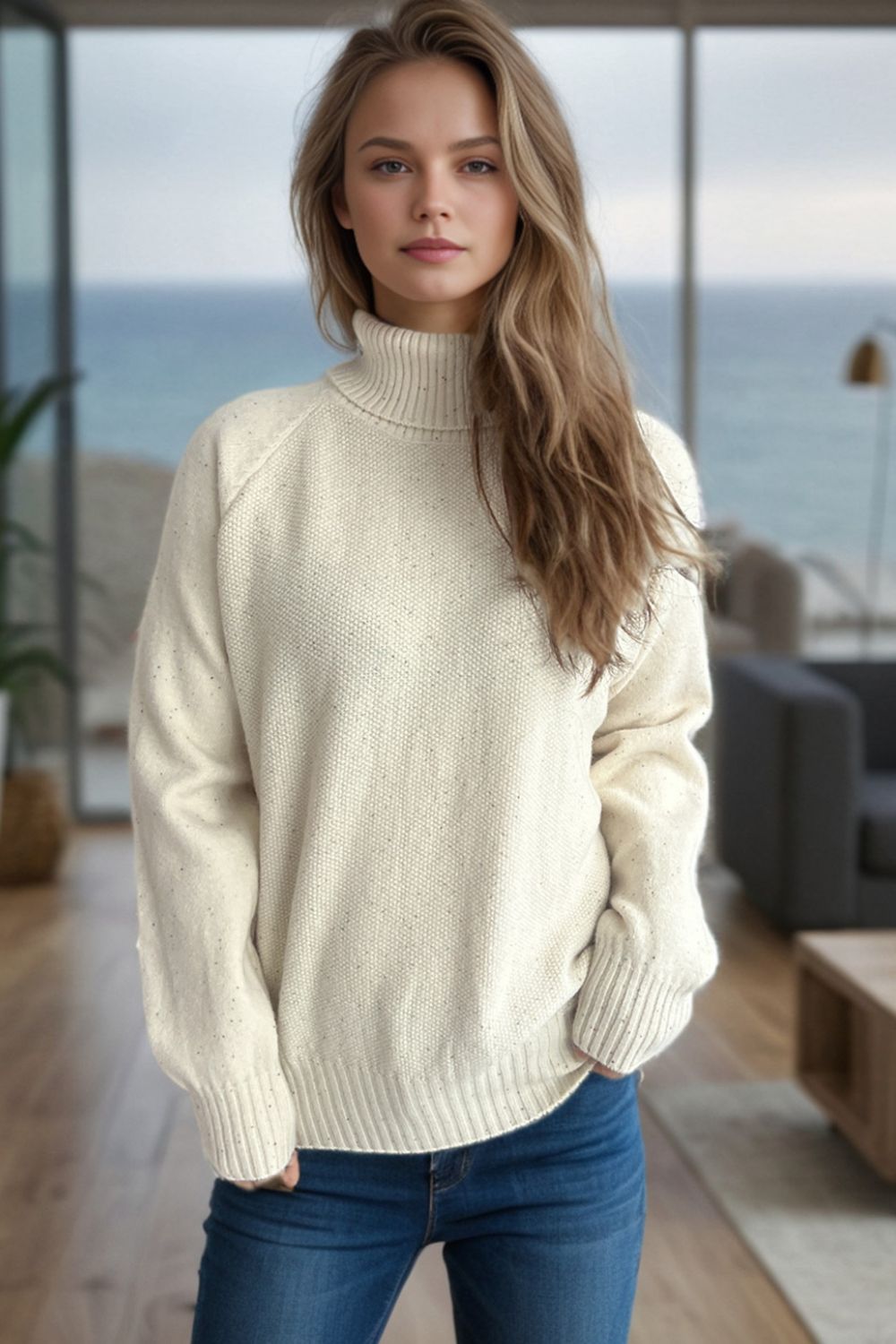 Ribbed Turtleneck Raglan Sleeve Sweater-Angel Casuals