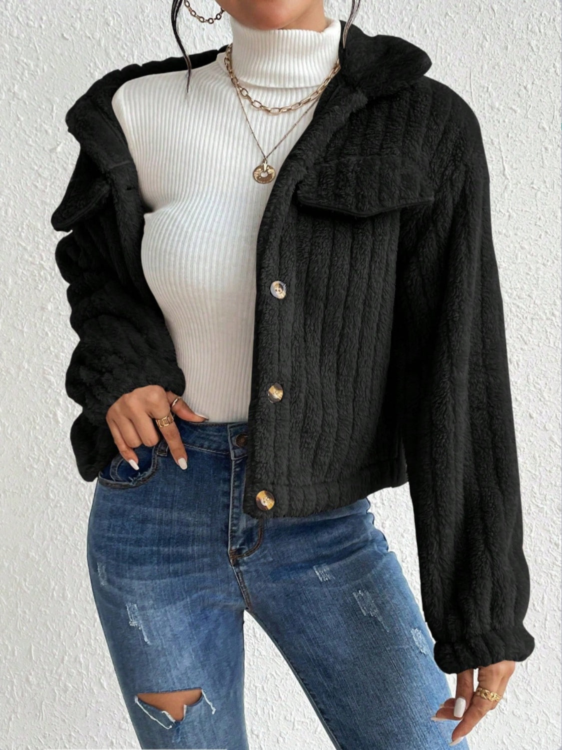 Fuzzy Button Up Collared Neck Jacket-Angel Casuals