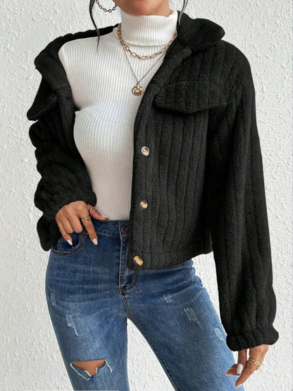 Fuzzy Button Up Collared Neck Jacket-Angel Casuals