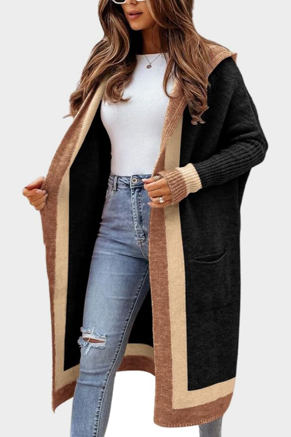 Pocketed Contrast Long Sleeve Hooded Cardigan-Angel Casuals
