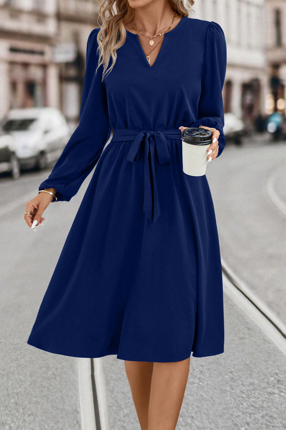 Tie Waist Notched Neck Long Sleeve Dress-Angel Casuals