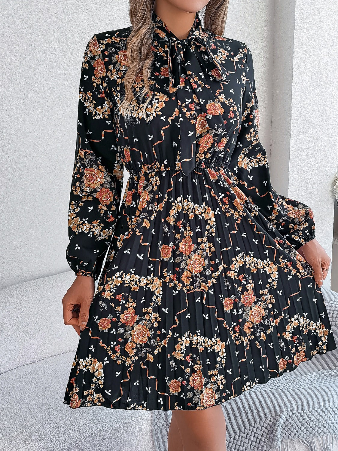 Pleated Printed Tie Neck Long Sleeve Dress-Angel Casuals