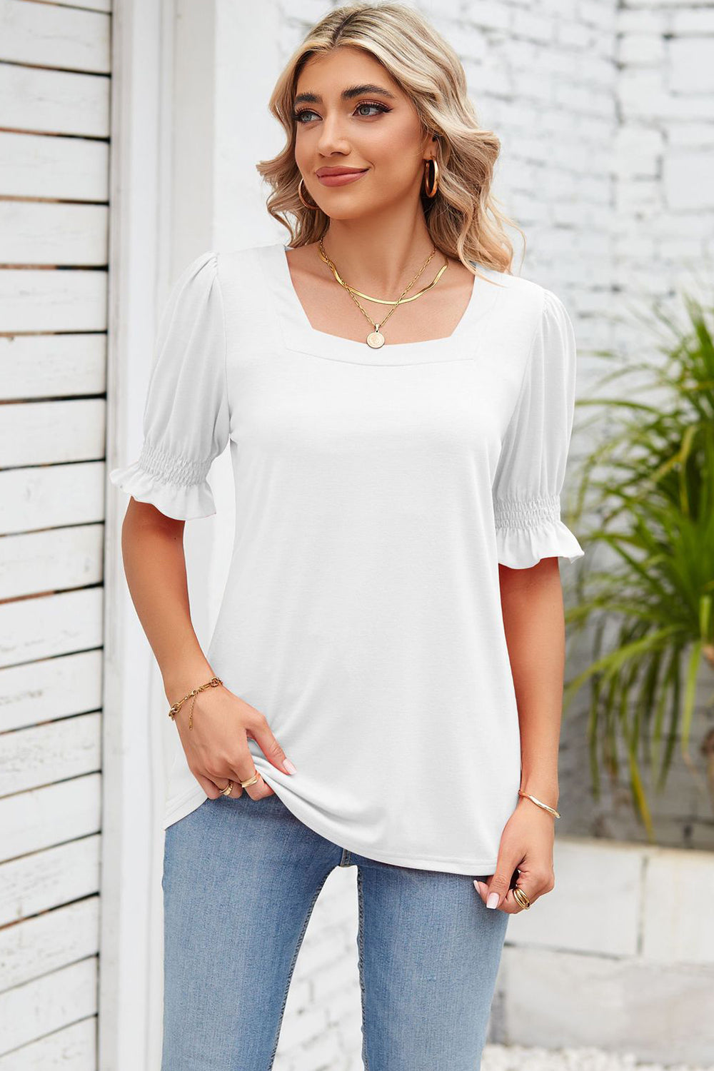 Smocked Square Neck Short Sleeve T-Shirt-Angel Casuals