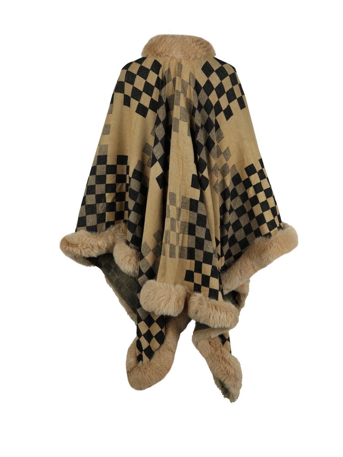 Checkered Faux Fur Trim Poncho-Angel Casuals