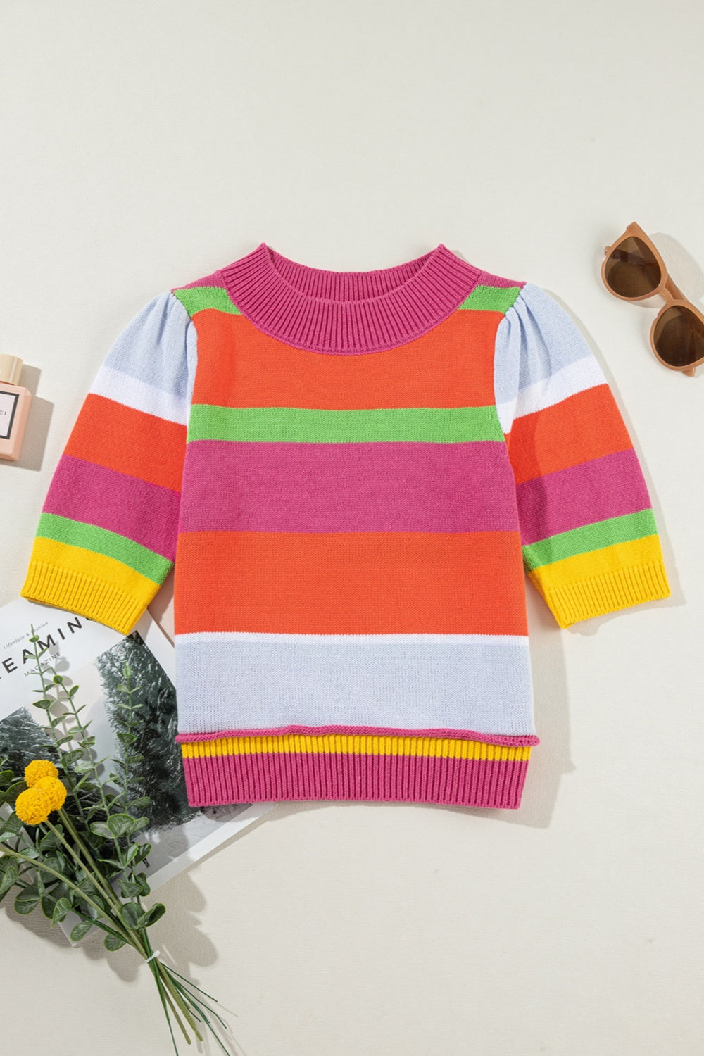 Color Block Round Neck Half Sleeve Knit Top-Angel Casuals