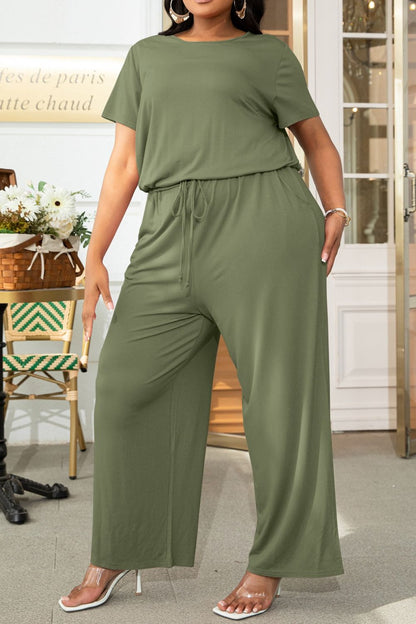 Plus Size Drawstring Waist Short Sleeve Jumpsuit-Angel Casuals