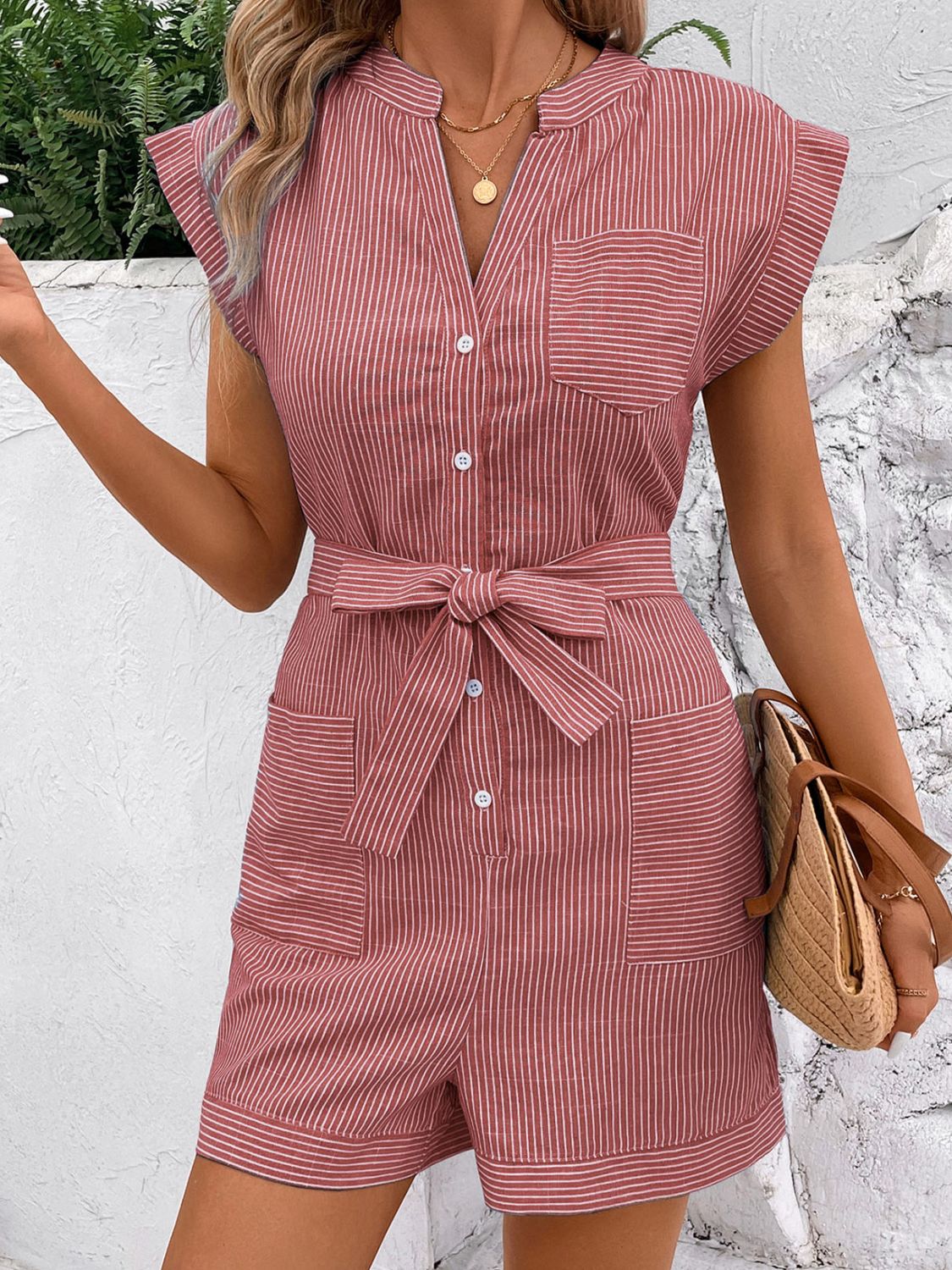 Striped Notched Tie Waist Romper-Angel Casuals