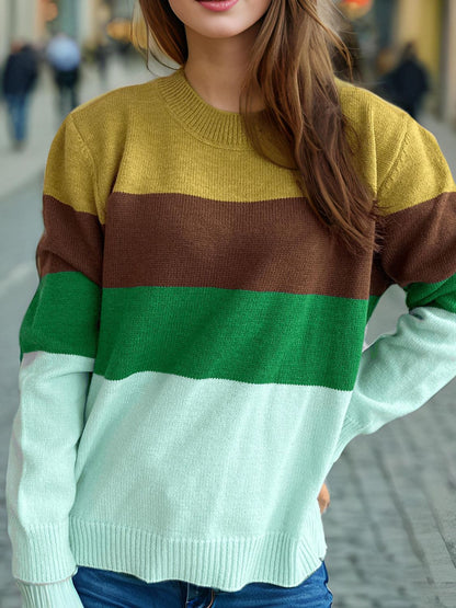 Color Block Round Neck Long Sleeve Sweater-Angel Casuals