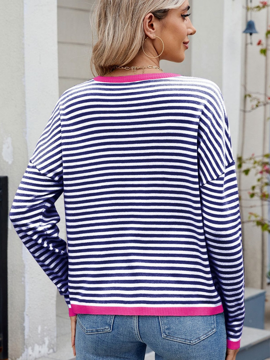 Striped Contrast Round Neck Long Sleeve Sweater-Angel Casuals