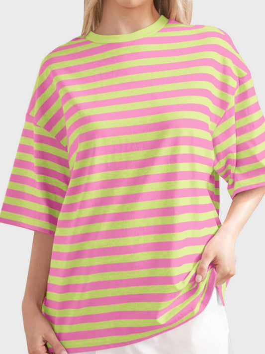 Striped Round Neck Half Sleeve T-Shirt-Angel Casuals