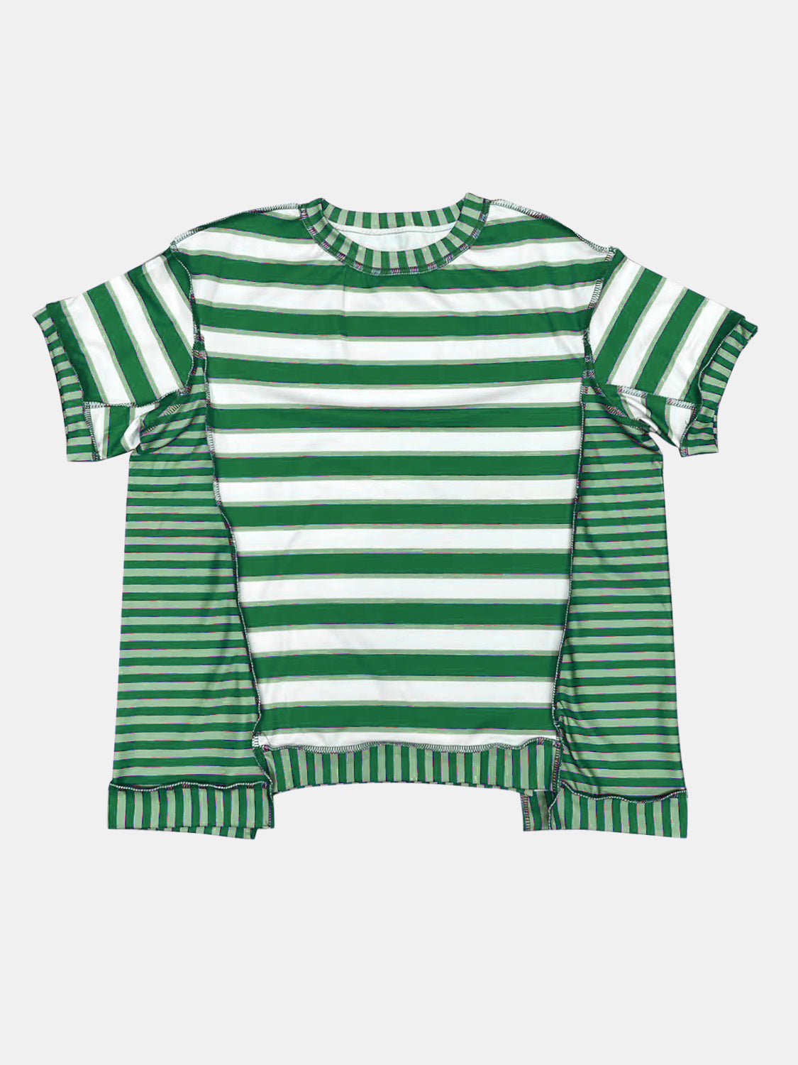Full Size Contrast Stitching Striped Round Neck T-Shirt-Angel Casuals