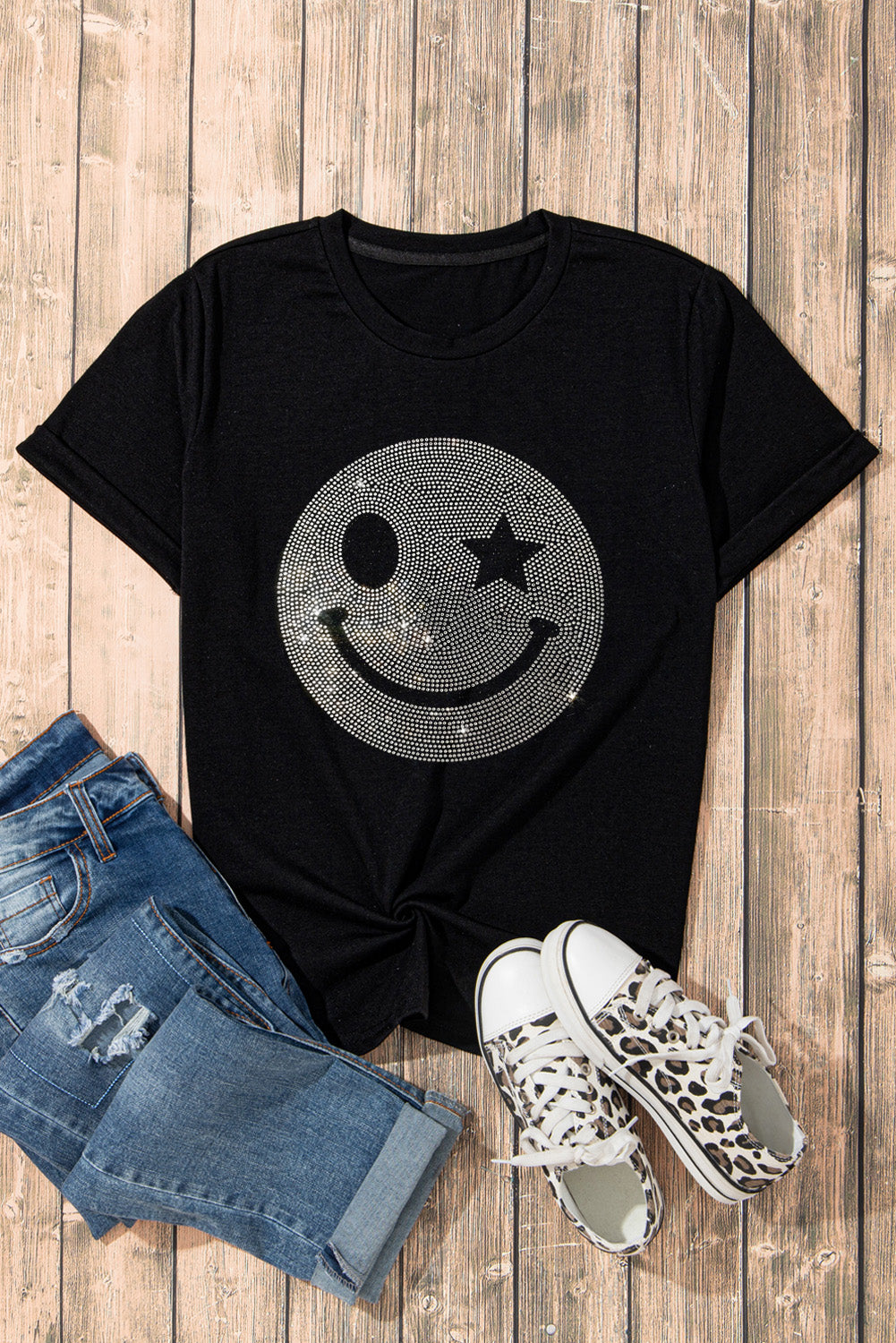 Rhinestone Smiley Round Neck Short Sleeve T-Shirt-Angel Casuals