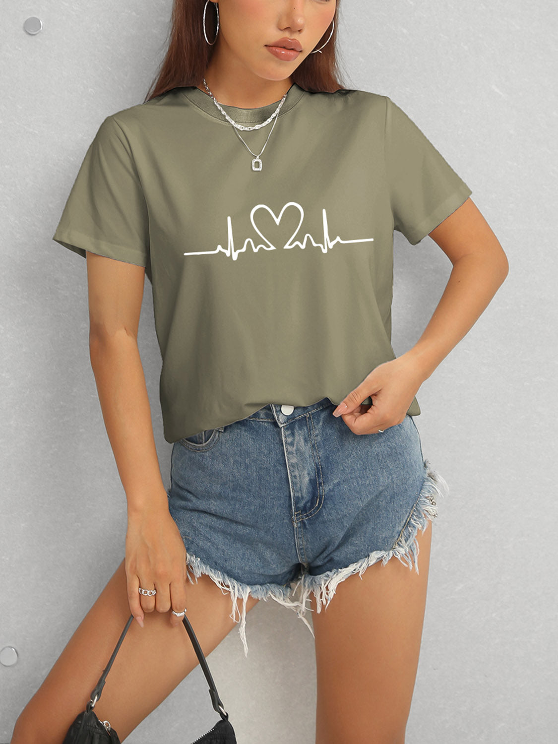 Heart Round Neck Short Sleeve T-Shirt-Angel Casuals