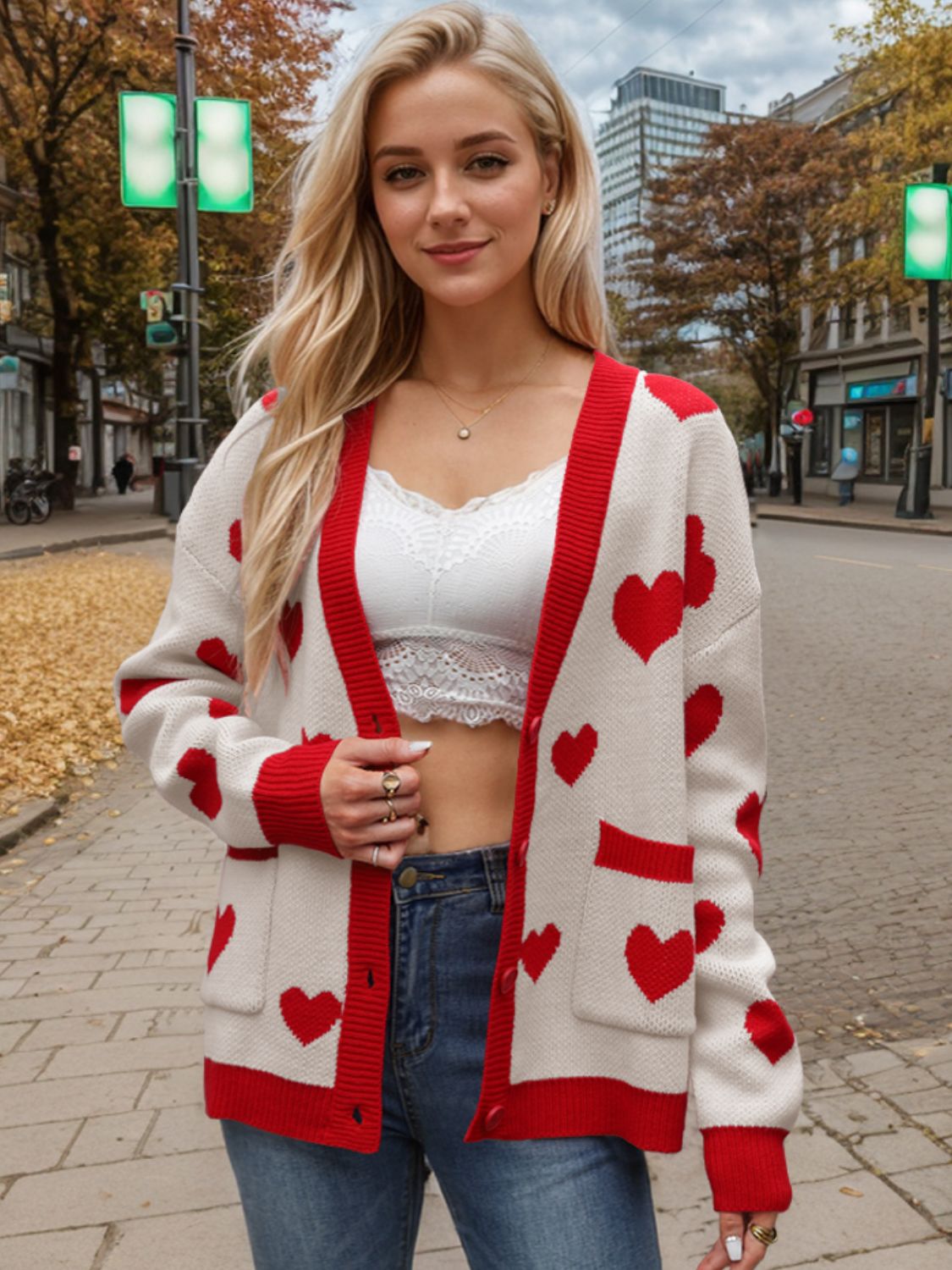 Heart Button Up Dropped Shoulder Long Sleeve Cardigan-Angel Casuals