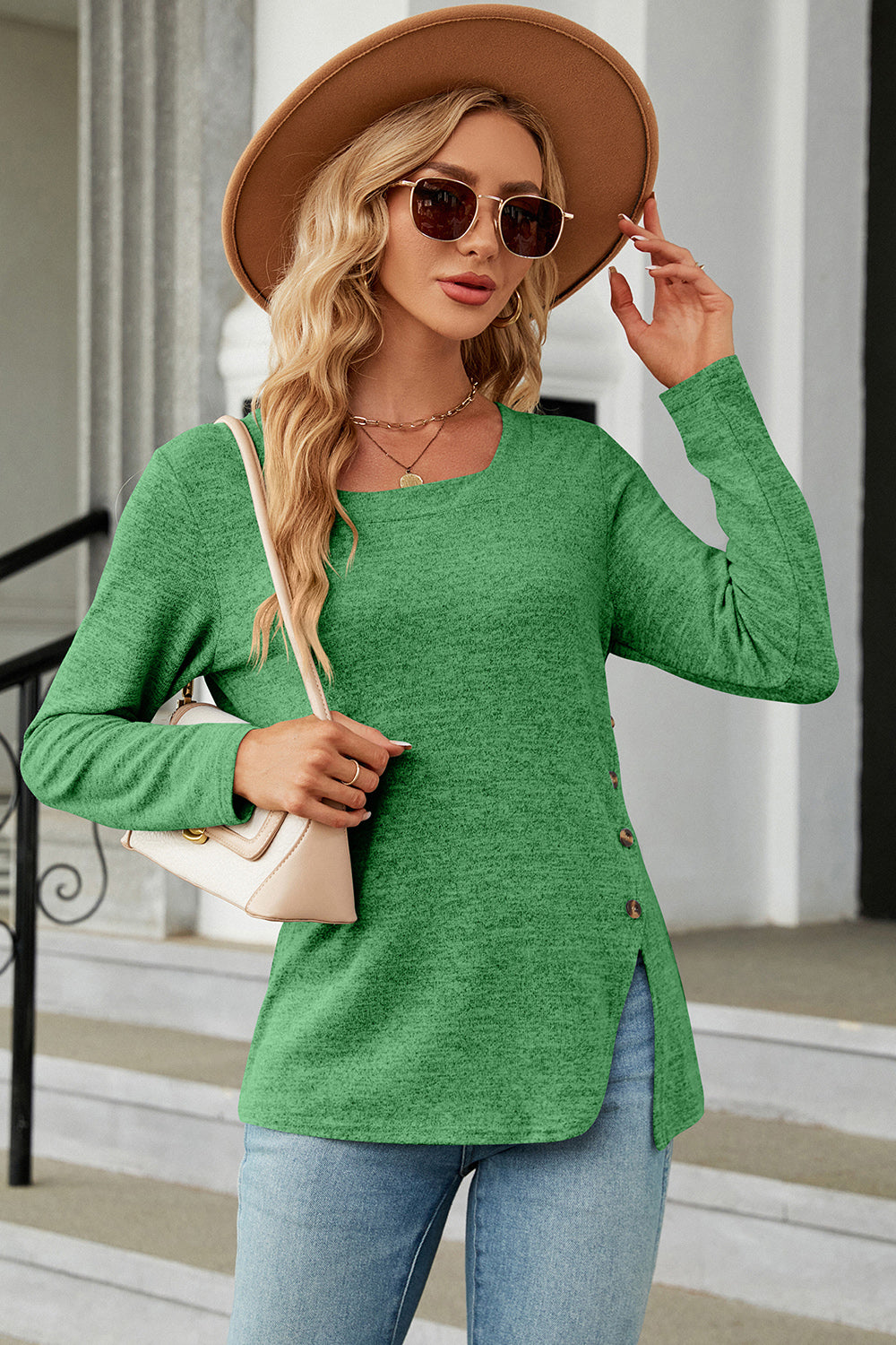 Slit Decorative Button Square Neck T-Shirt-Angel Casuals