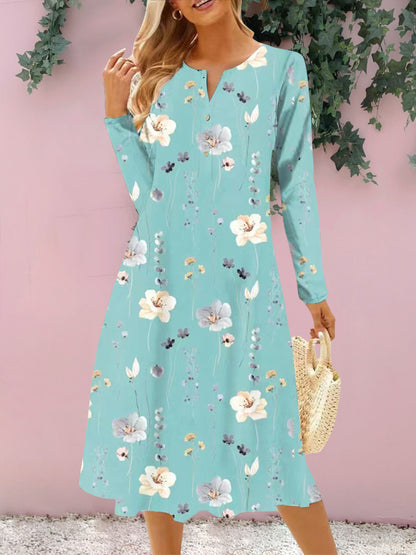 Floral Notched Long Sleeve Midi Dress-Angel Casuals