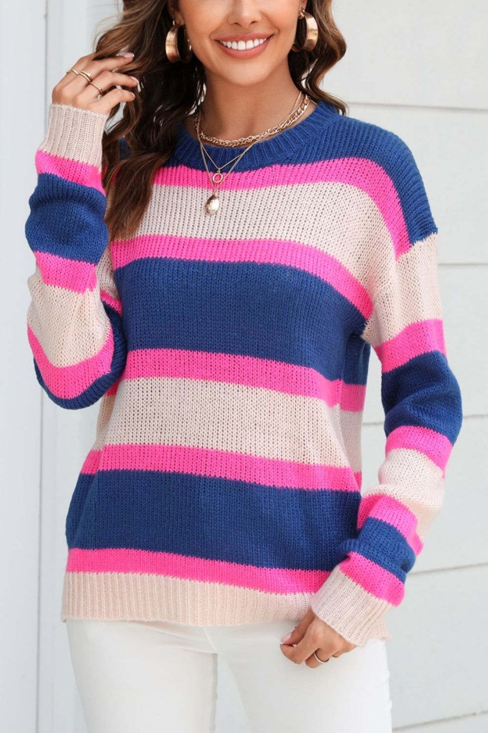 Angel Wings Color Block Round Neck Dropped Shoulder Sweater-Angel Casuals