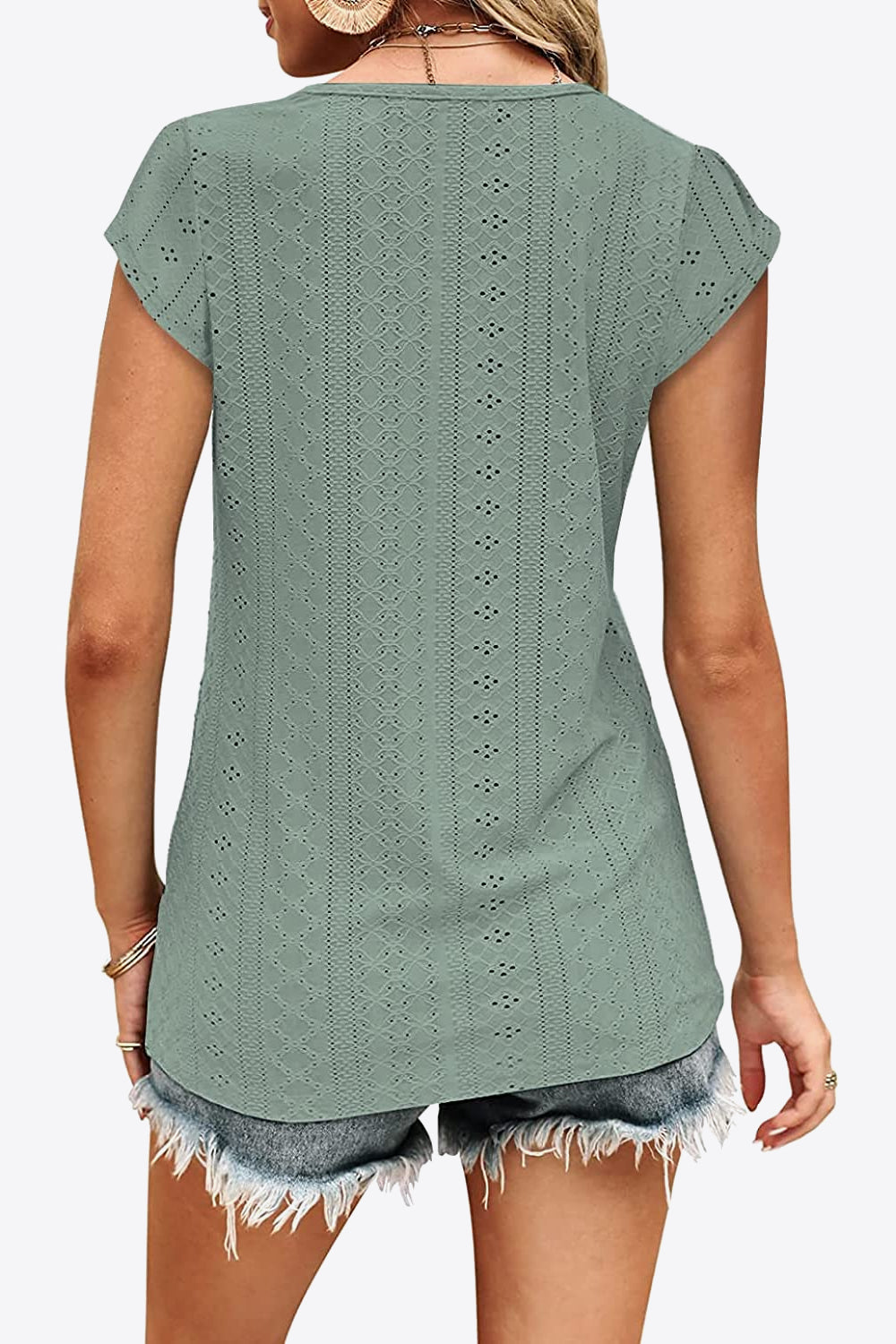 Eyelet Contrast V-Neck Tee-Angel Casuals