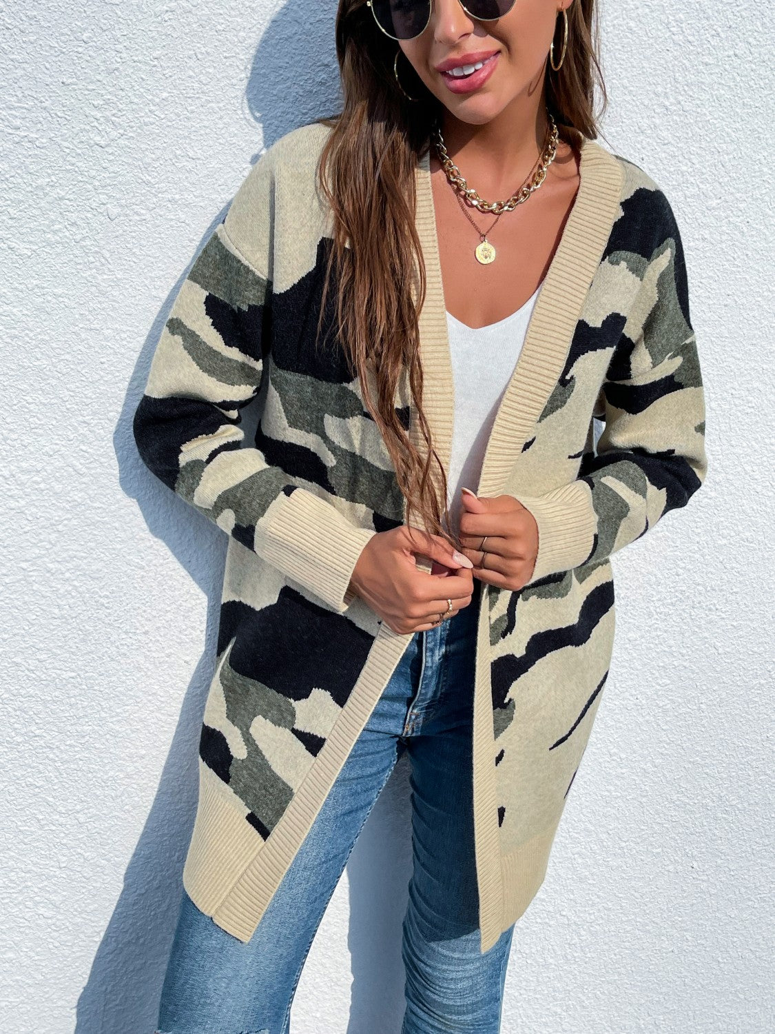 Camouflaged Dropped Shoulder Open Front Cardigan-Angel Casuals