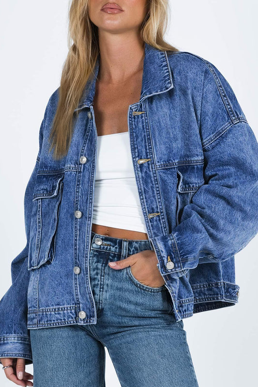 Collared Neck Button Up Denim Jacket-Angel Casuals