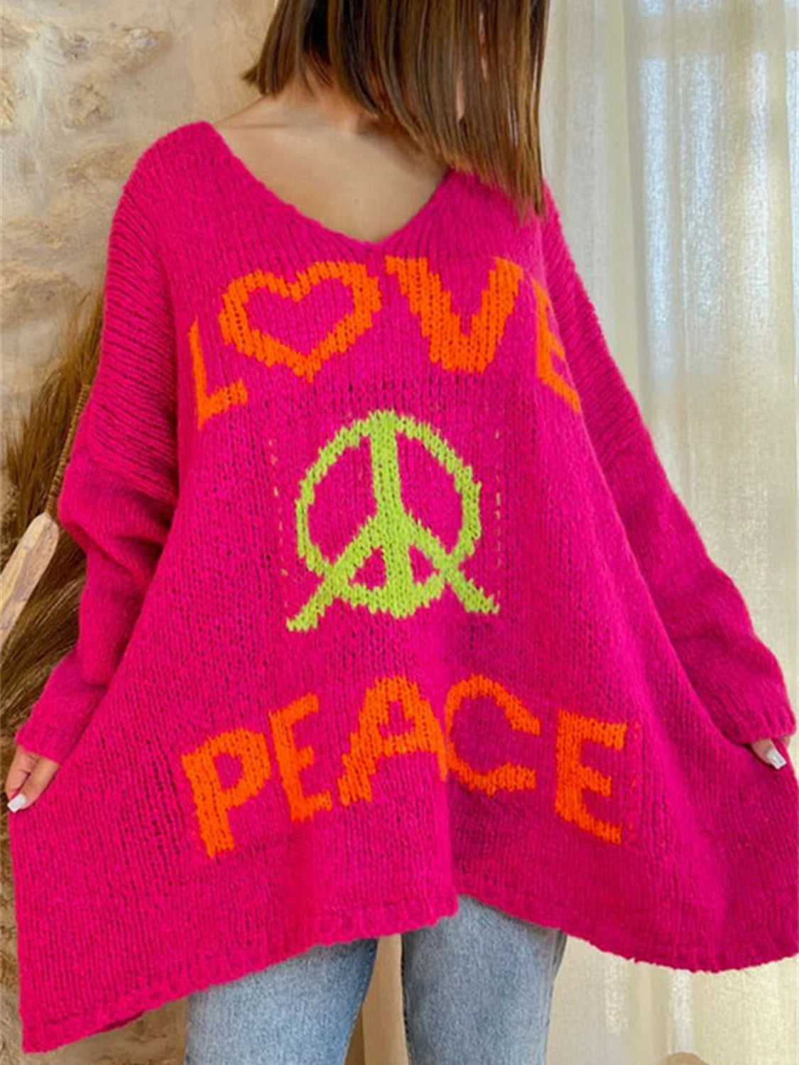 Peace Graphic V-Neck Long Sleeve Sweater-Angel Casuals