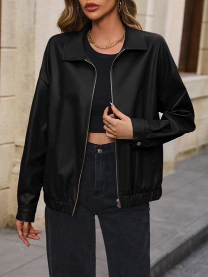 Ivy Lane Pocketed Zip Up Collared Neck Jacket-Angel Casuals