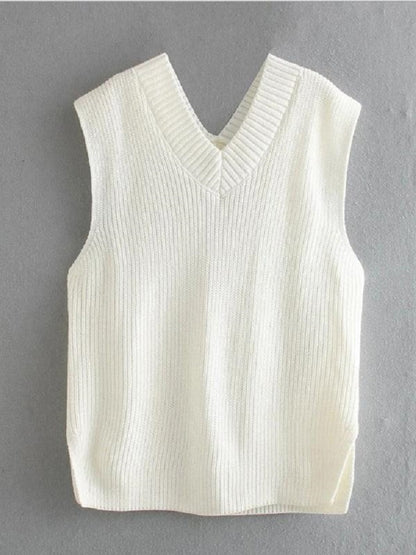 Ribbed V-Neck Sleeveless Sweater Vest-Angel Casuals