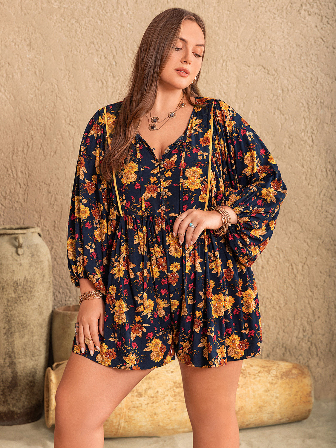 Plus Size Floral Tie Neck Balloon Sleeve Romper-Angel Casuals