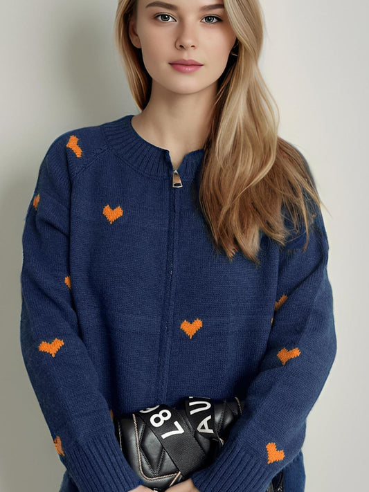 Heart Round Neck Zip Up Cardigan-Angel Casuals