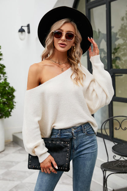 Boat Neck Horizontal Ribbing Dolman Sleeve Sweater-Angel Casuals