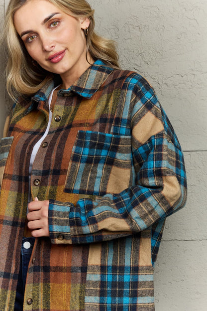 Double Take Plaid Curved Hem Shirt Jacket with Breast Pockets-Angel Casuals