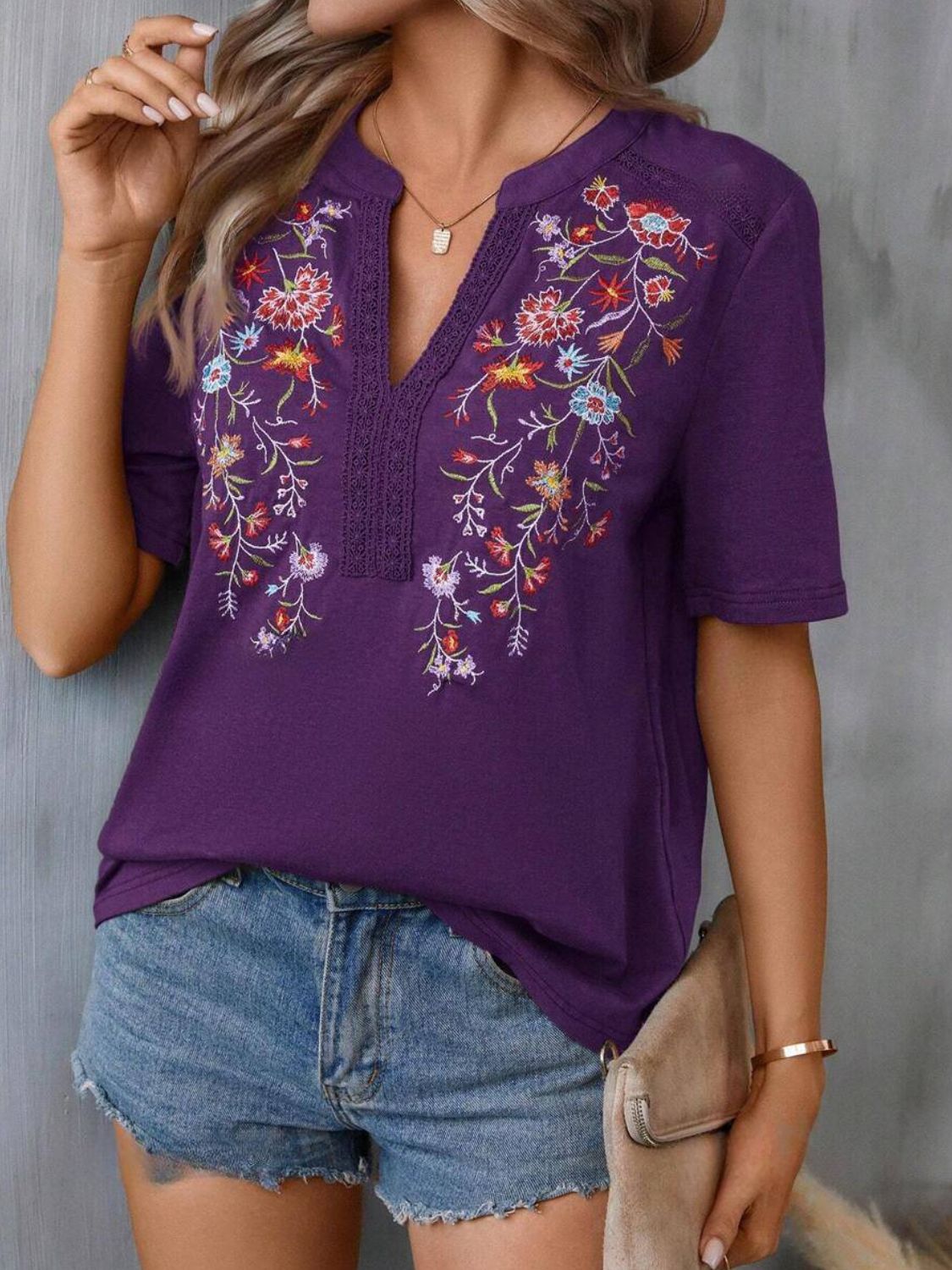 Embroidered Notched Short Sleeve T-Shirt-Angel Casuals