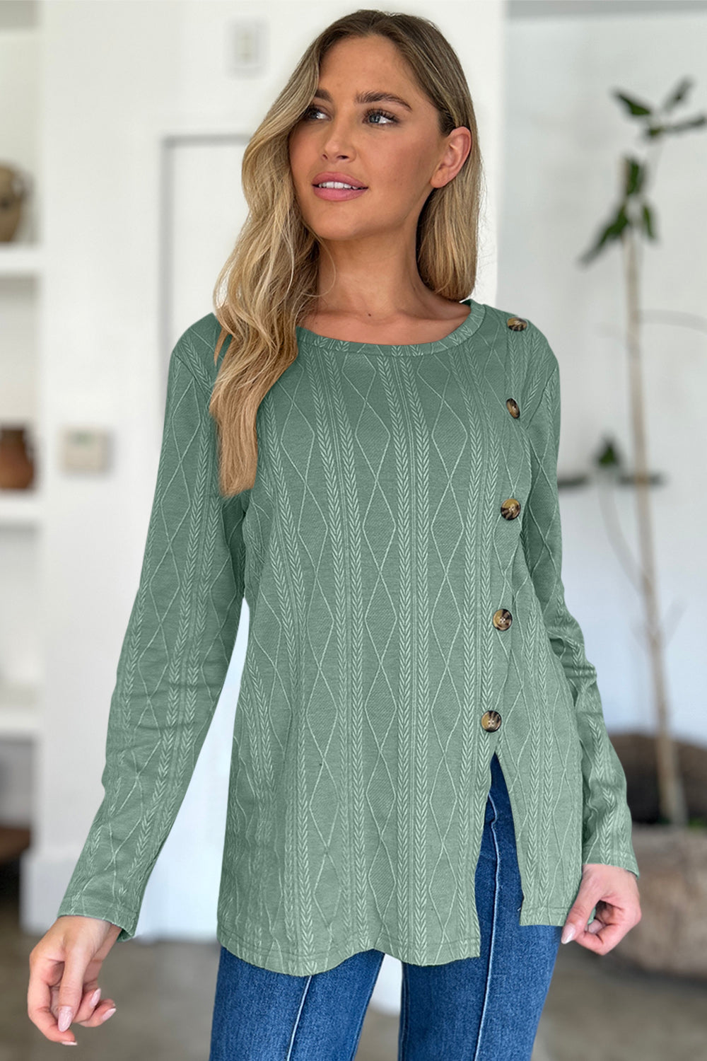 FAM-FAM Slit Round Neck Long Sleeve T-Shirt-Angel Casuals