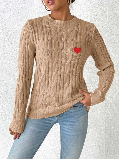 Cable-Knit Heart Round Neck Long Sleeve Sweater-Angel Casuals