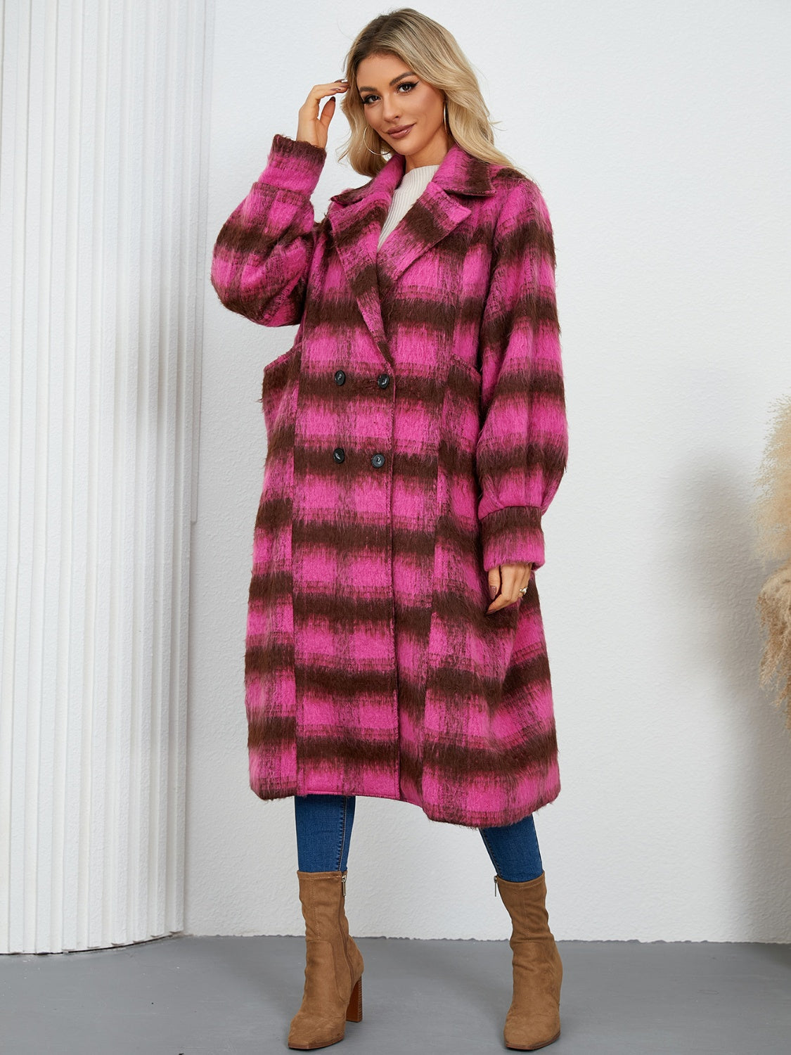 Contrast Double-Breasted Long Sleeve Longline Coat-Angel Casuals