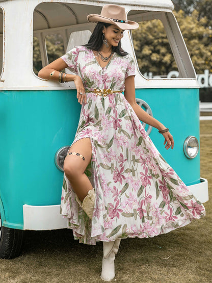 Floral V-Neck Slit Dress-Angel Casuals