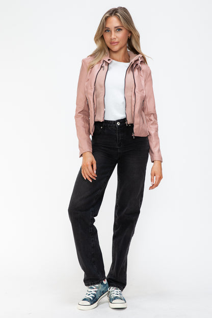 Snobbish Faux Leather Zip Up Drawstring Hooded Jacket-Angel Casuals