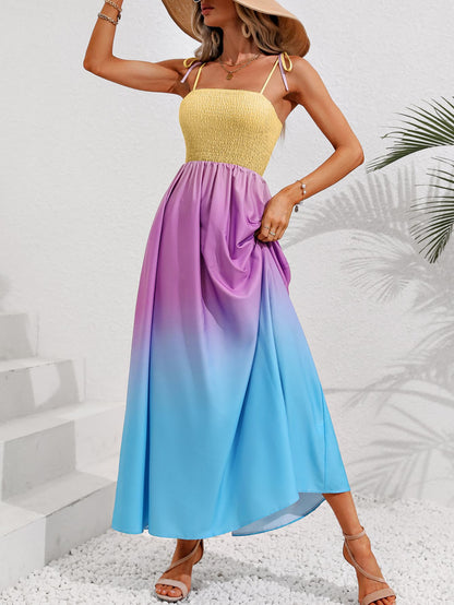 Color Block Tie Shoulder Smocked Maxi Dress-Angel Casuals