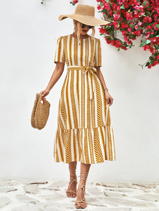 Striped Tie Belt Round Neck Puff Sleeve Dress-Angel Casuals