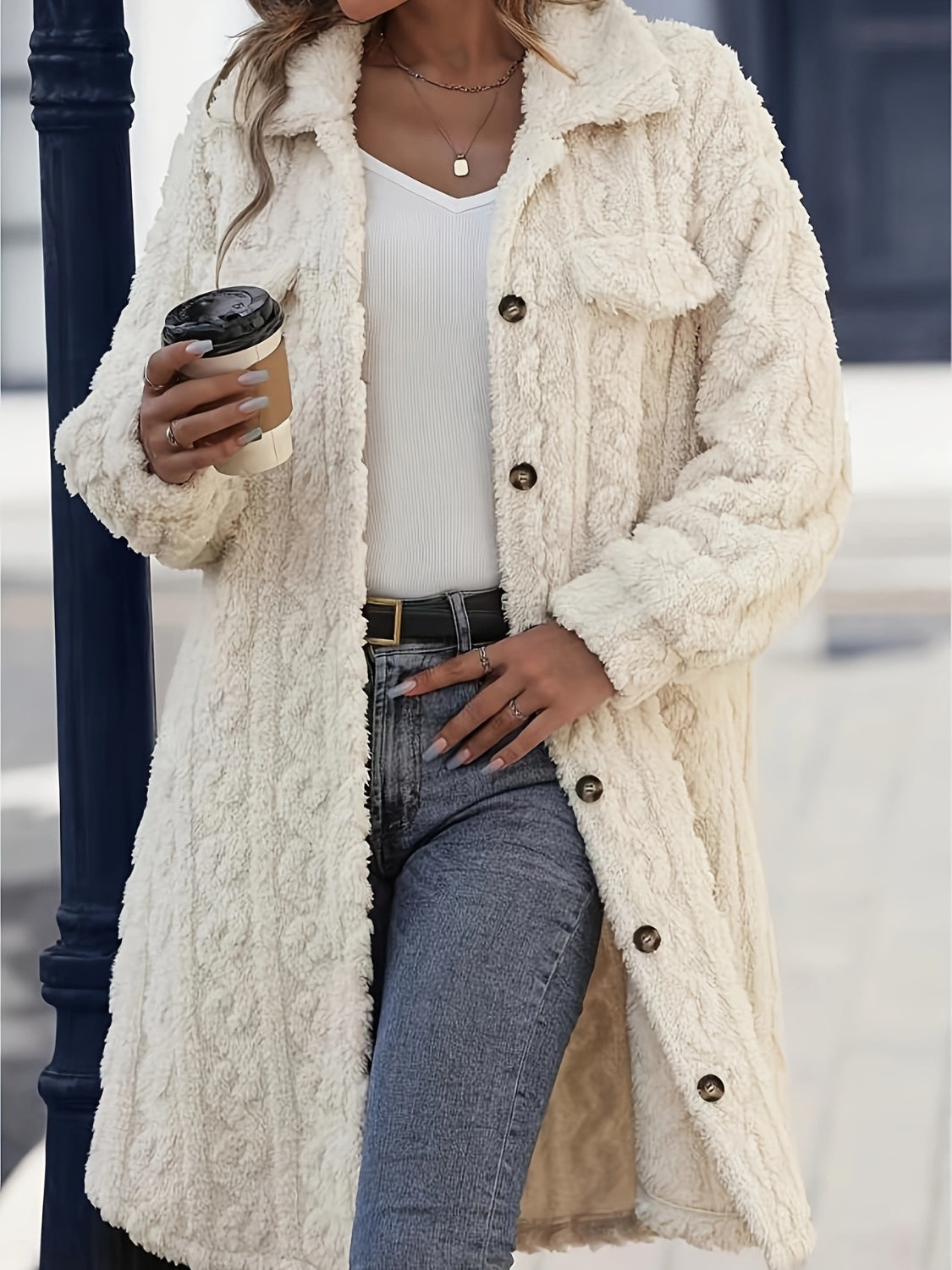 Fuzzy Button Up Long Sleeve Longline Coat-Angel Casuals