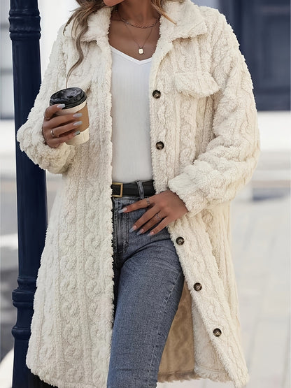 Fuzzy Button Up Long Sleeve Longline Coat-Angel Casuals