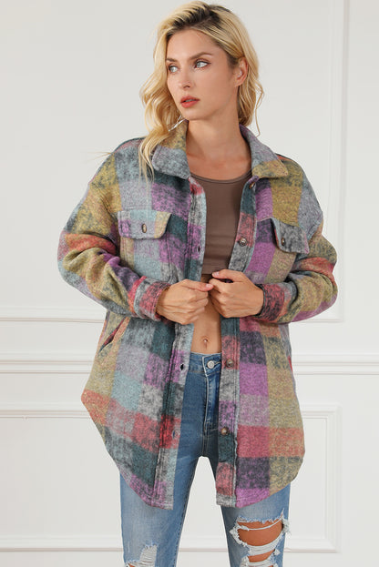Plaid Collared Neck Button Front Jacket-Angel Casuals