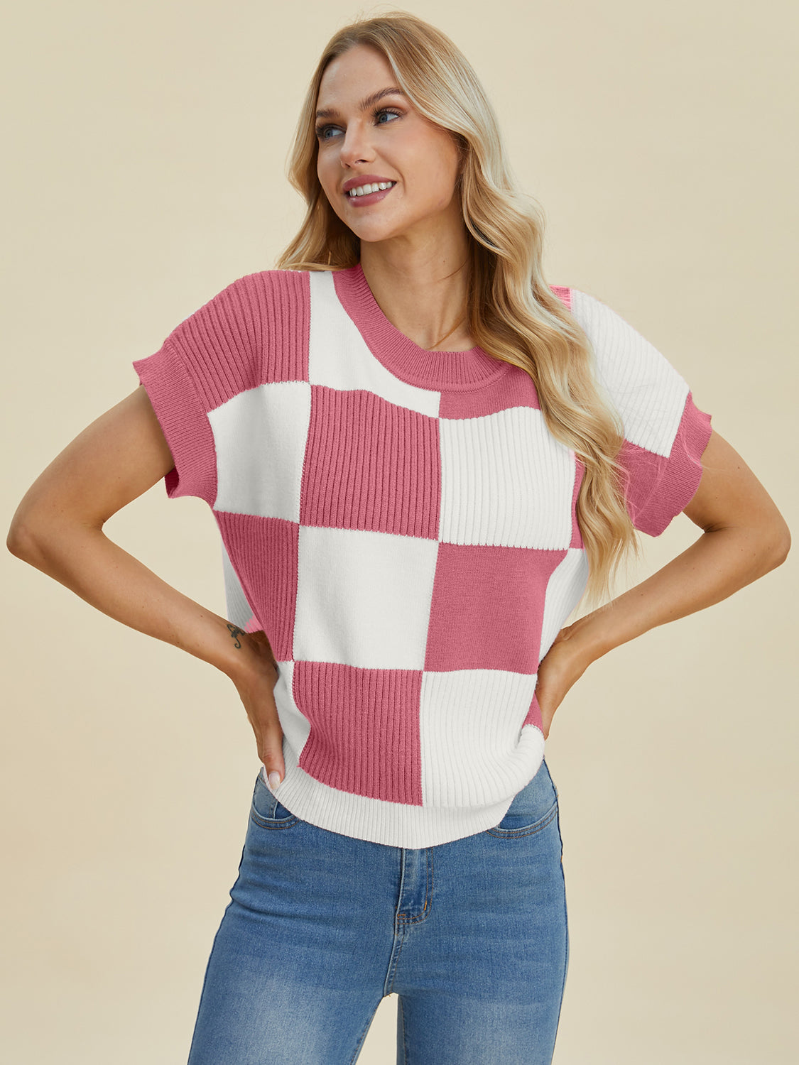 Double Take Full Size Checkered Round Neck Short Sleeve Sweater-Angel Casuals