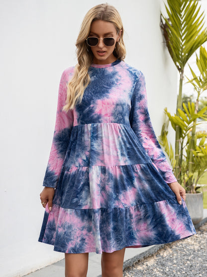 Tie-Dye Round Neck Long Sleeve Tiered Dress-Angel Casuals