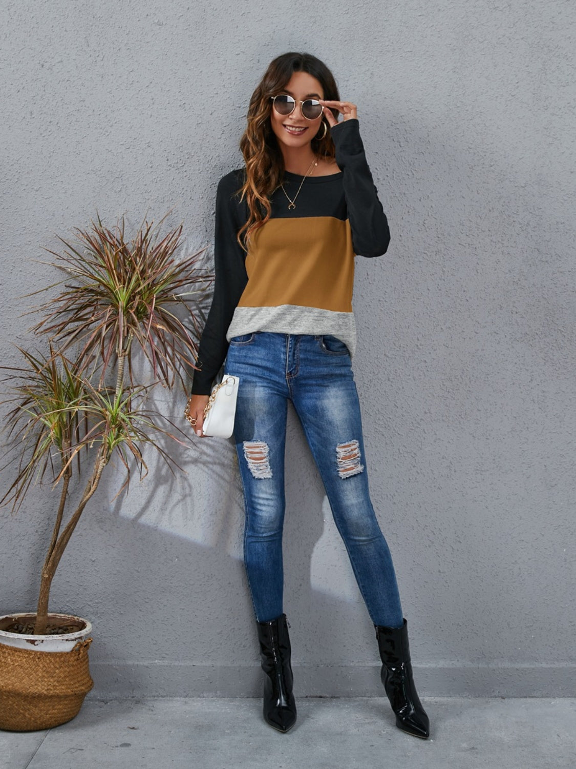 Color Block Round Neck Long Sleeve T-Shirt-Angel Casuals